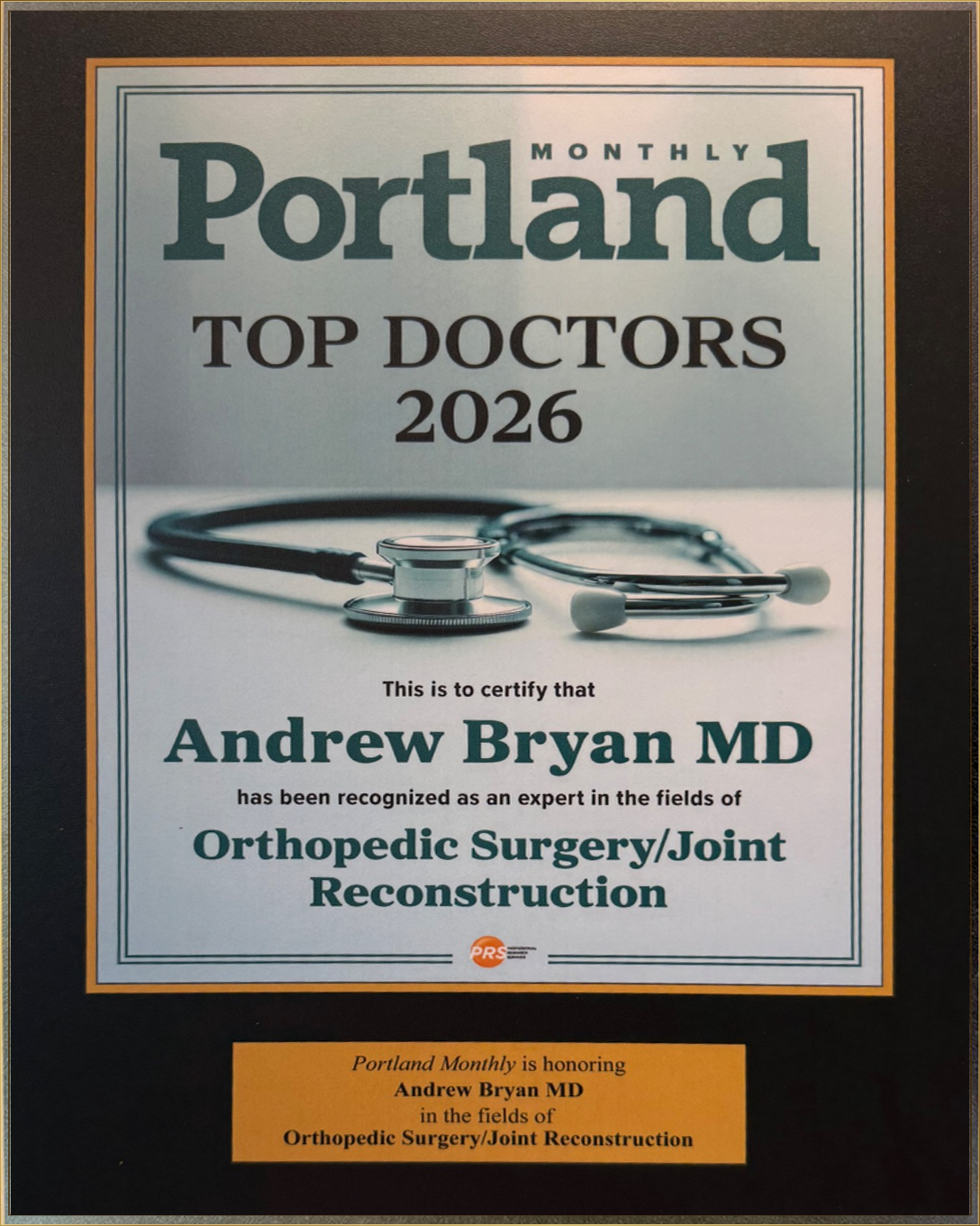 Andrew J. Bryan, MD, Portland Monthly 2026 Top Doctors recognition plaque